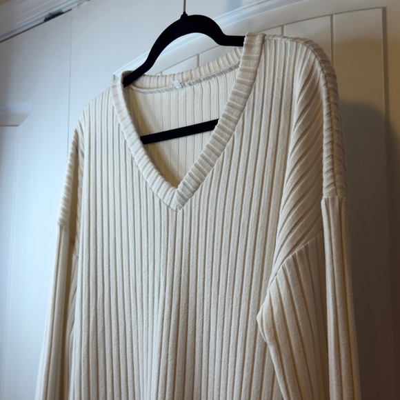 Shein Cream Ribbed Knit  2pc Set V Neck Top Wide Leg Pants Cozy Workwear 2X # - Picture 7 of 16